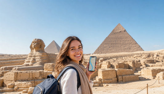 A traveler using a VOYA eSIM with the Pyramids of Giza, Egypt
