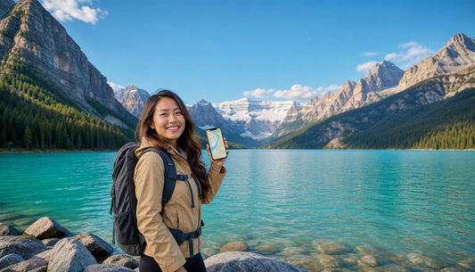 A traveler using a VOYA eSIM at Lake Louise, Banff, Canada