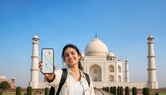 A traveler using a VOYA eSIM at the Taj Mahal, India