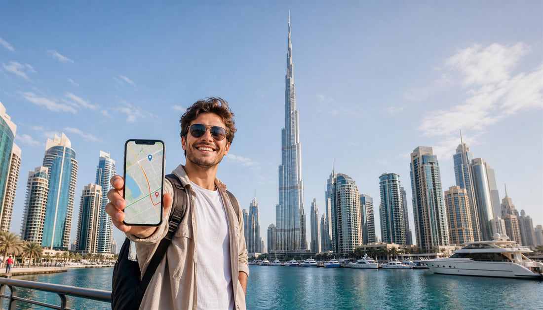A traveler using a VOYA eSIM with the Burj Khalifa and Dubai skyline