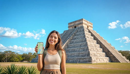 A traveler using a VOYA eSIM at the Chichen Itza pyramid, Mexico