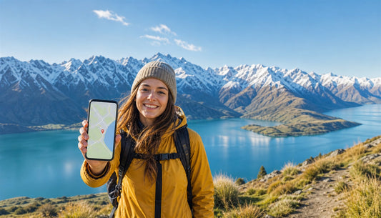 A traveler using a VOYA eSIM with a New Zealand lake and mountains