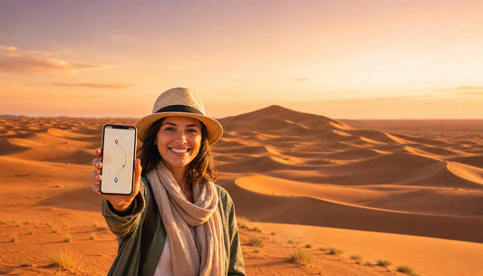 A traveler using a VOYA eSIM at the Sahara Desert dunes, Morocco