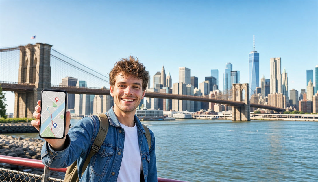 A traveler using a VOYA eSIM with the New York City skyline, USA