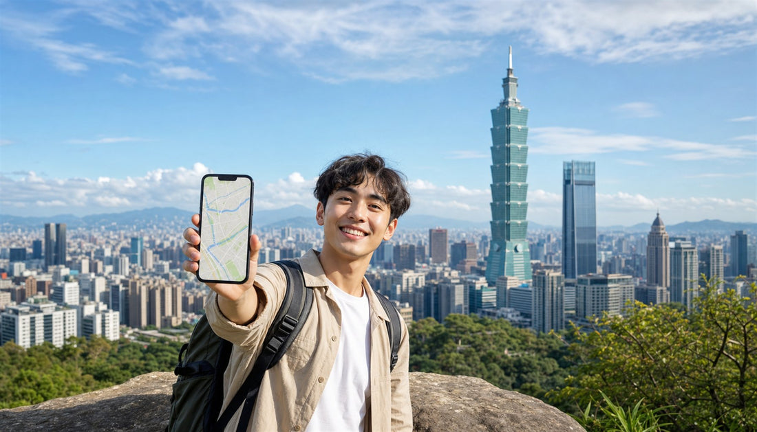 A traveler using a VOYA eSIM with the Taipei 101 skyline, Taiwan