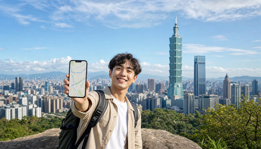 A traveler using a VOYA eSIM with the Taipei 101 skyline, Taiwan