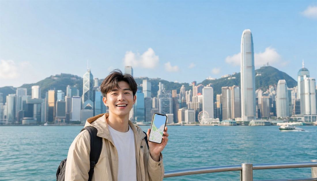 A traveler using a VOYA eSIM with the Hong Kong Victoria Harbour skyline