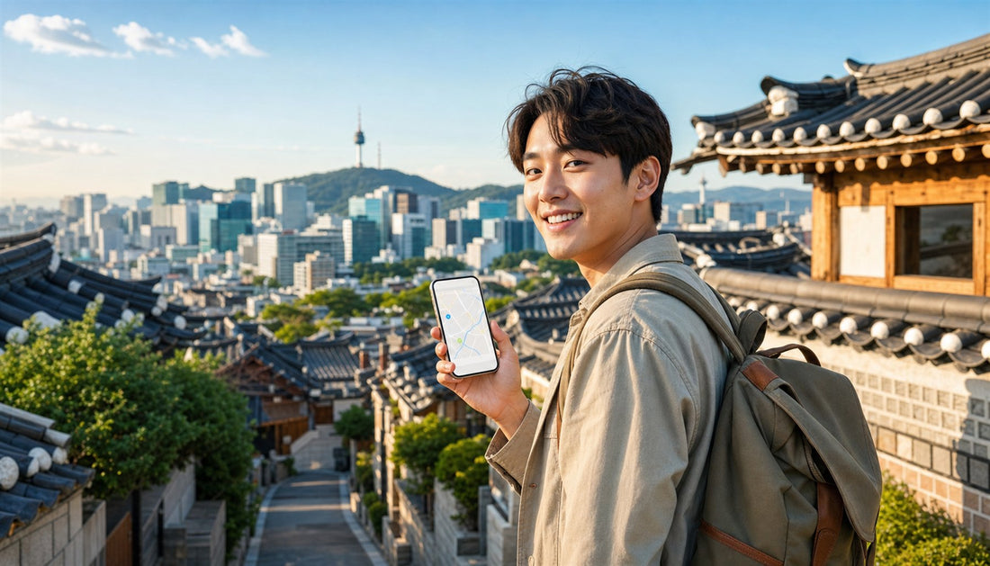 A traveler using a VOYA eSIM in Seoul, South Korea