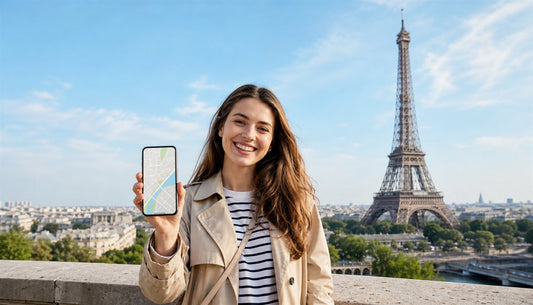 A traveler using a VOYA eSIM with the Eiffel Tower, Paris, France