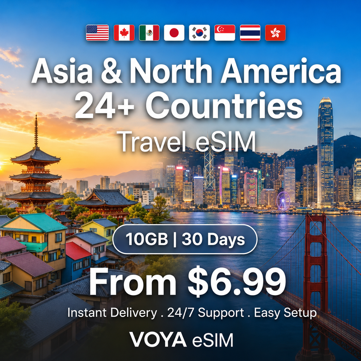 Asia & North America 24+ Countries eSIM 10GB/30Days Data