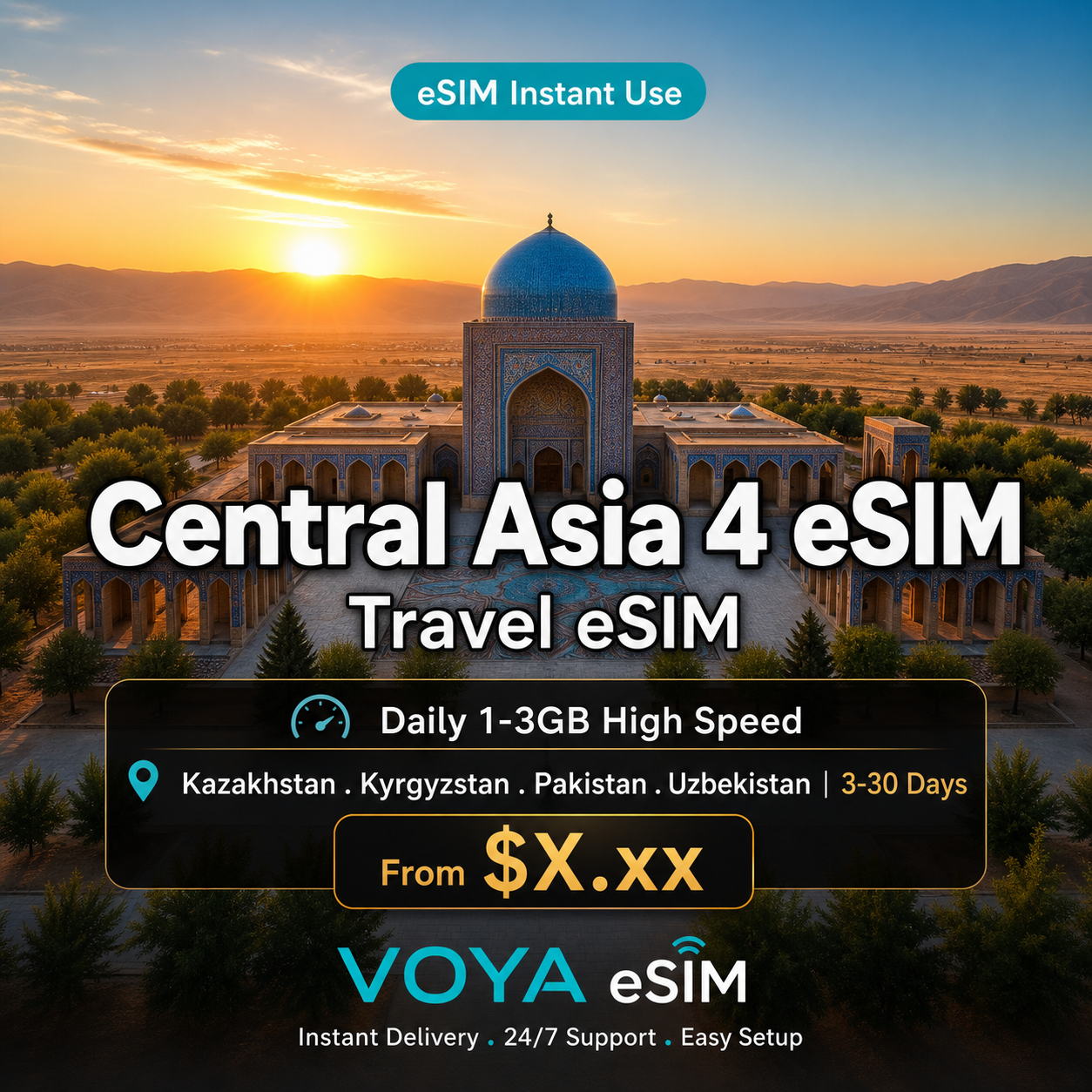 Central Asia 4 eSIM | Daily 1-3GB | Kazakhstan/Kyrgyzstan/Pakistan/Uzbekistan | 3-30 Days