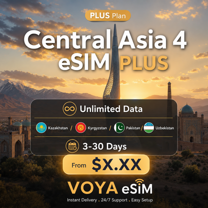 Central Asia 4 eSIM PLUS | Unlimited Data | Kazakhstan/Kyrgyzstan/Pakistan/Uzbekistan | 3-30 Days